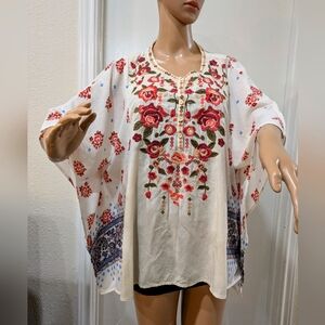 Upcycled Floral Embroidered Women's Top - Cream Pink Red One Size Poncho